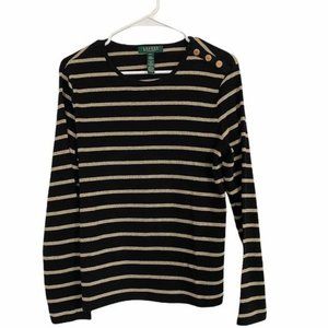 Ralph Lauren Long Sleeve Stripped Black and Gold Top SZ Large Petite